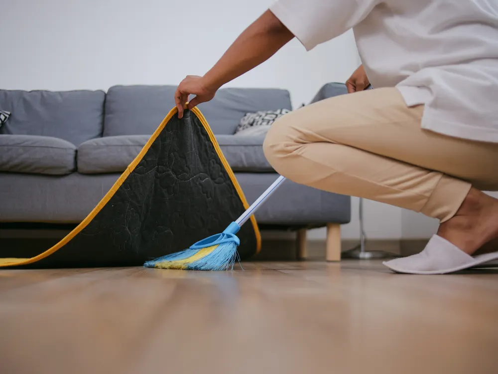 Profesional barriendo bajo el sofá de un salón, levantando la alfombra para llegar al fondo